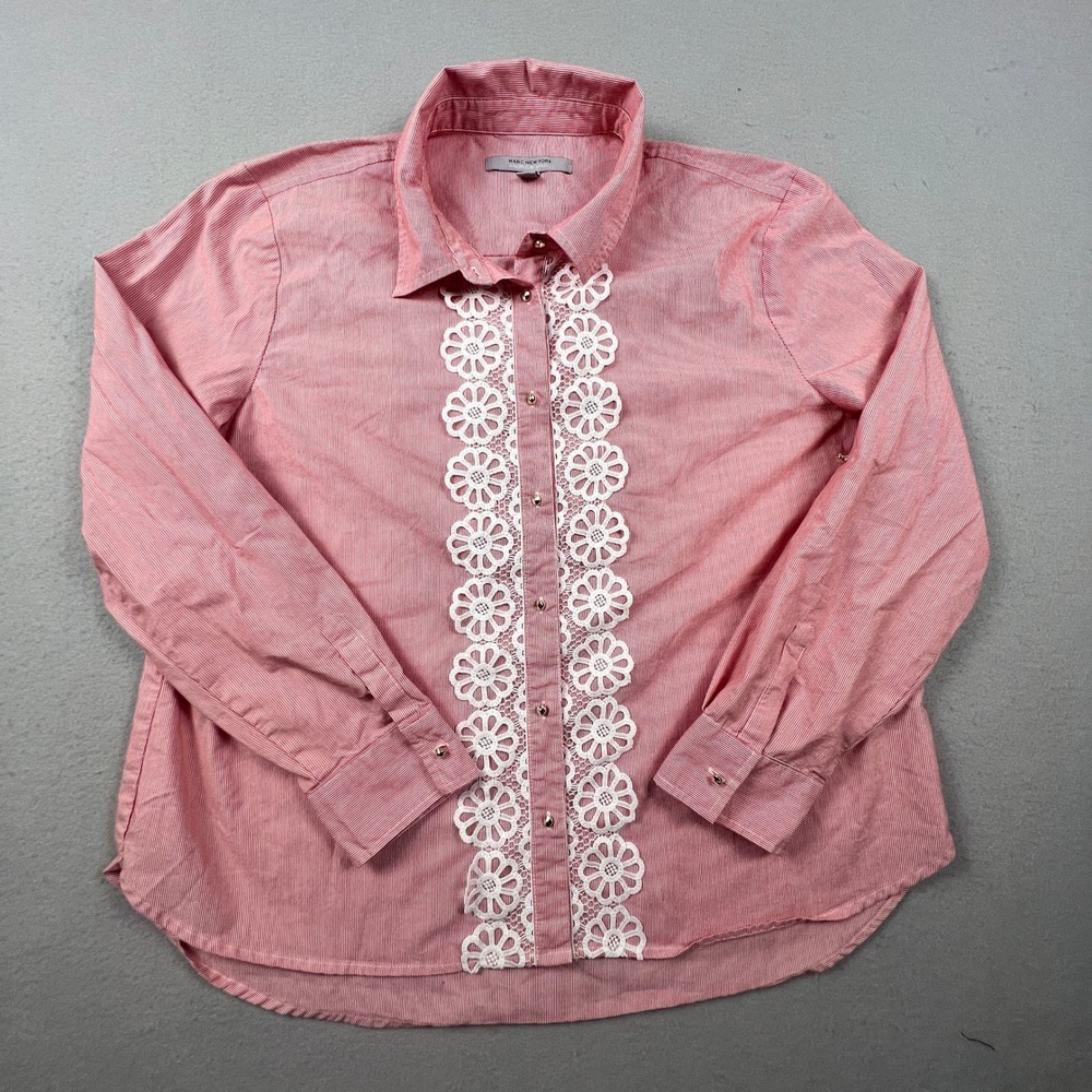 VTG Marc New York Button Down Womens XL Red Stripe Lace Trim Preppy Chic